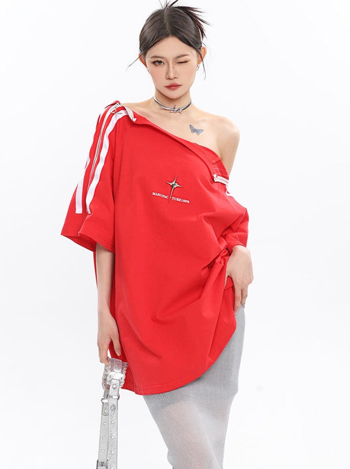 Space Design Zipper Strapless Metal Loose T-shirt