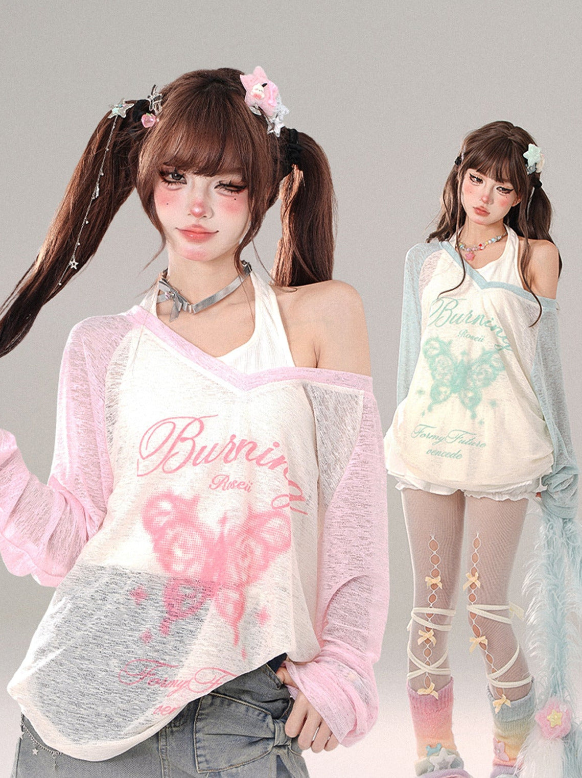 Sheer butterfly V-neck long T + halter-neck camisole