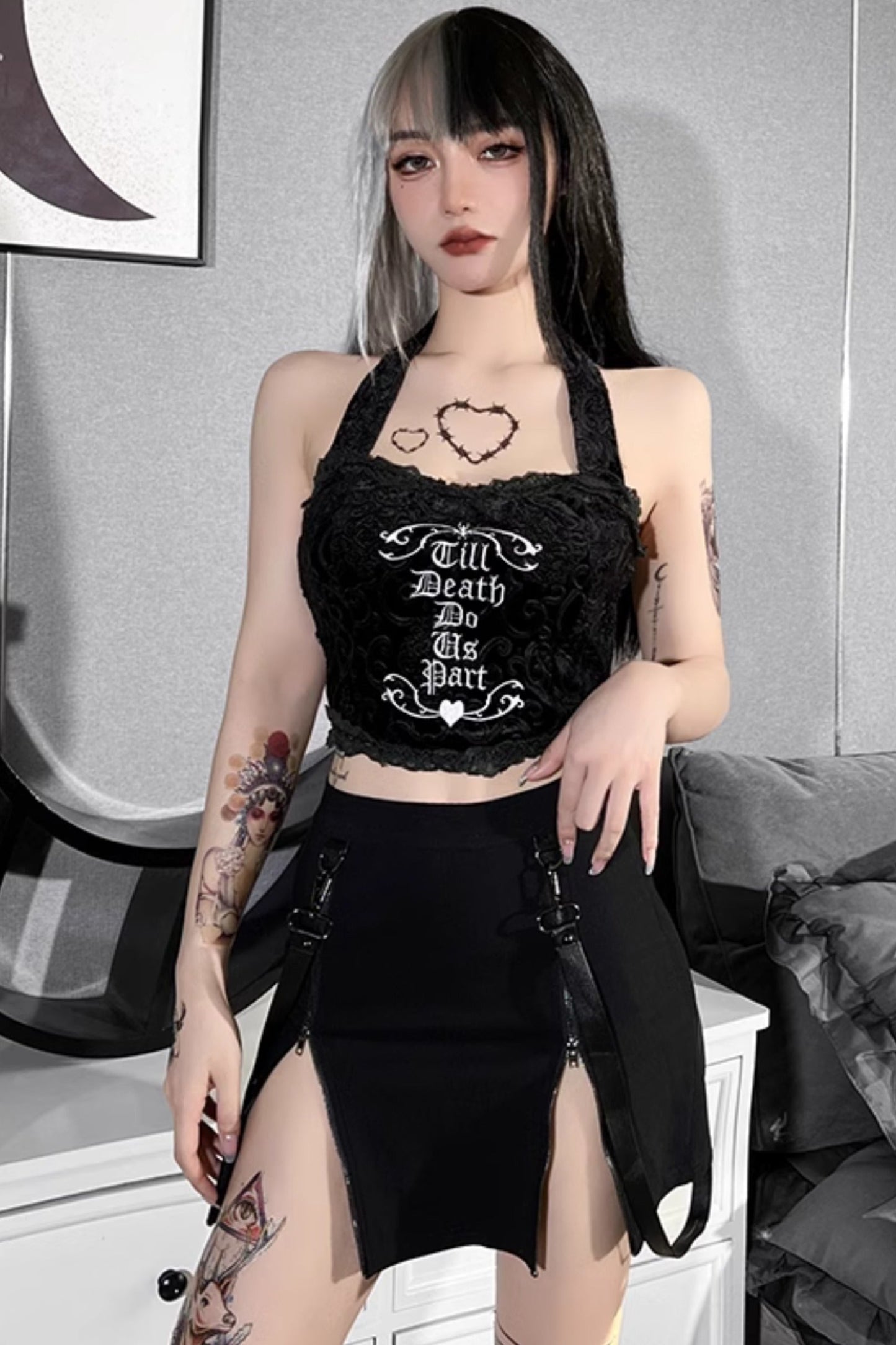Gothic spider web mesh top + slit skirt + spider skirt