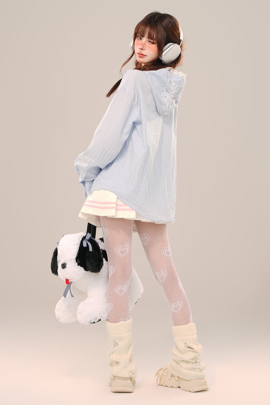 ルーズブルーレースストライプスリムシャツ