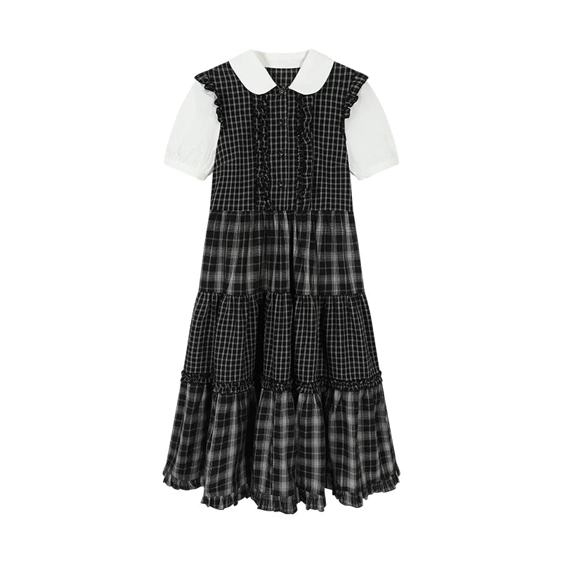 Black Plaid Patchwork Loose Shirt Dress