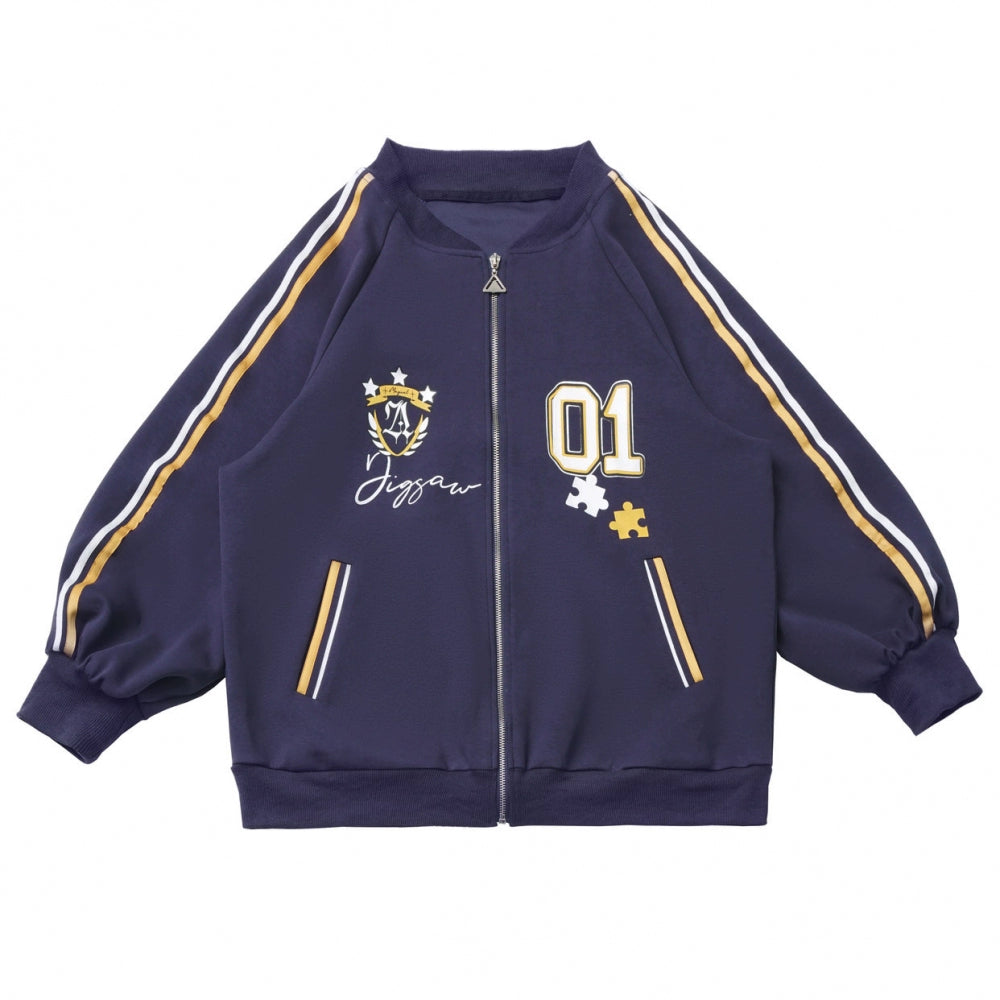 College-blaue Jacke + Kapuzenpullover-Kleid + Hose + Sweatshirt