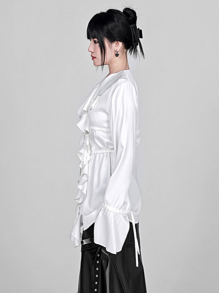 Ruffled Edge Rae Flare Sleeve Drawstring Silk Shirt