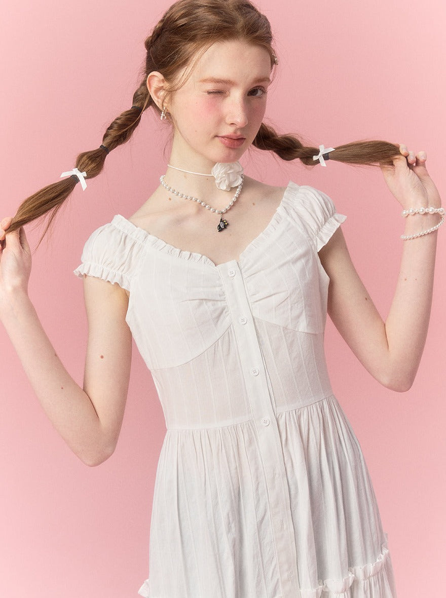 Pure White Suspender Waist Long Skirt Dress