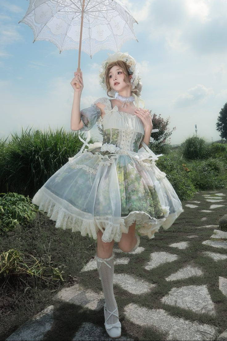 【8月23日予約締切】Romantic forest flower oil painting print classical Lolita tulle with overlay short JKS dress