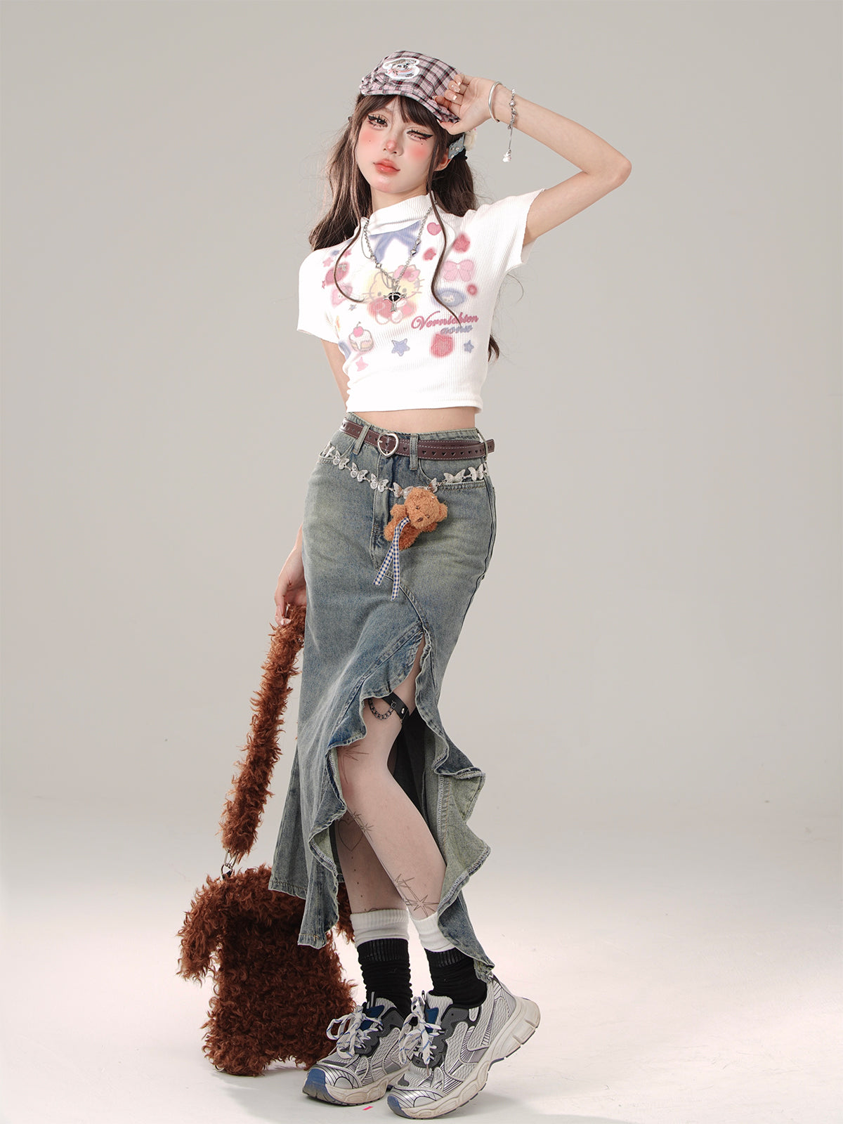 Blue Denim Ruffle Slit Long Skirt