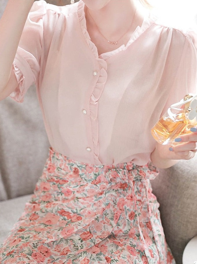 スイートVネックシフォンシャツ