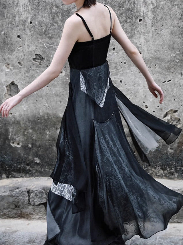 Dark Coolred Splicing Asymmetrical Sling Dress