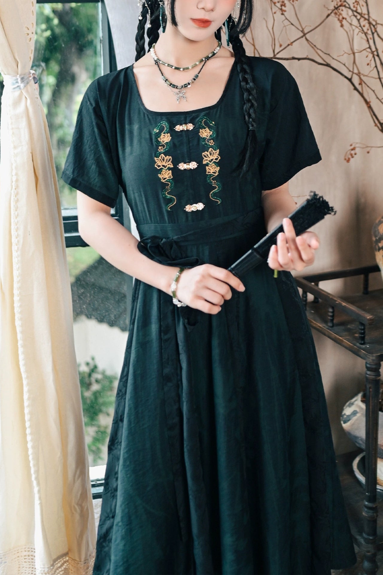 チャイナステッチジャカードロングドレス