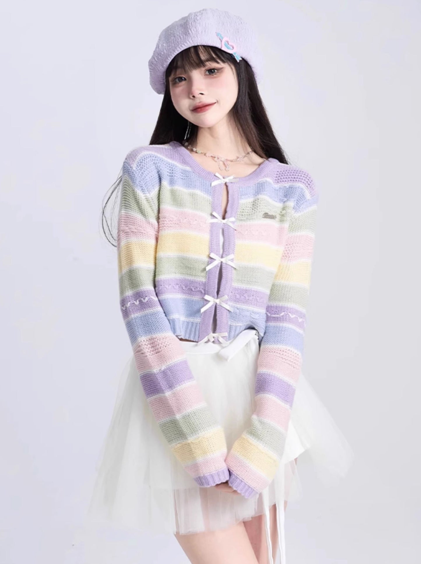 Rainbow Stripe Sweet Bow Short Knit Sweater