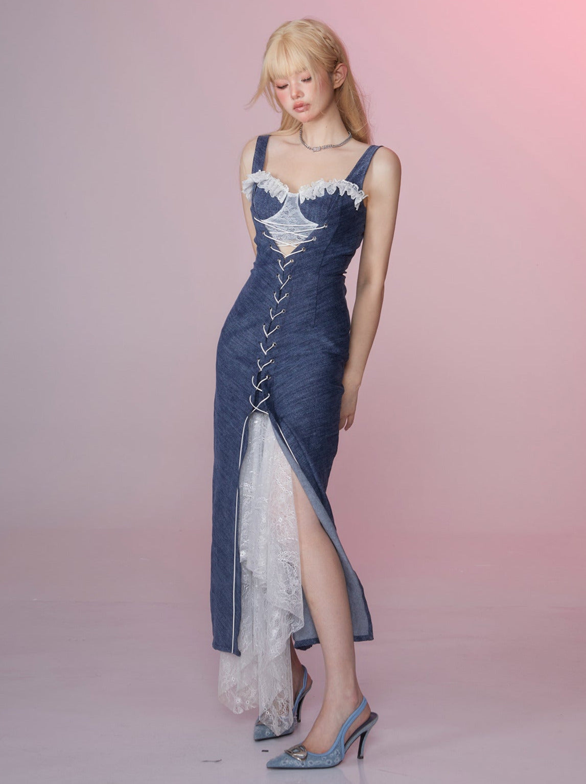 レーススプリットデニムスリムサスペンダードレス