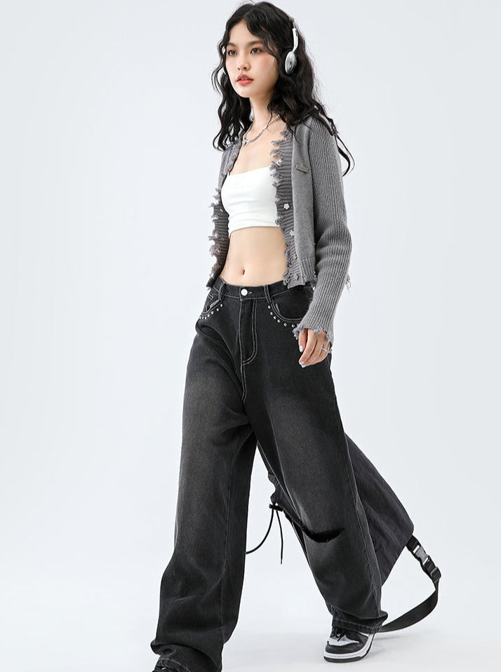 ワンポイントダメージニットカーディガン