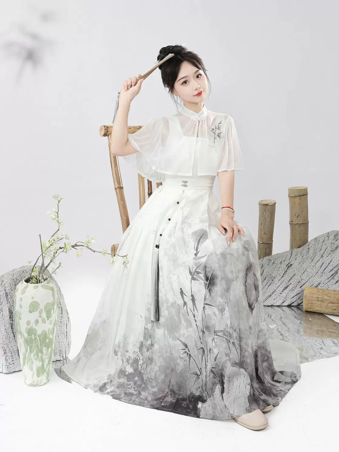 チャイナインクグラデーションプリントサスペンダースカートトップススーツ