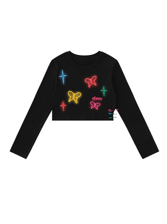 Star Print Dopamine Wear Short Long-Sleeve T-Shirt