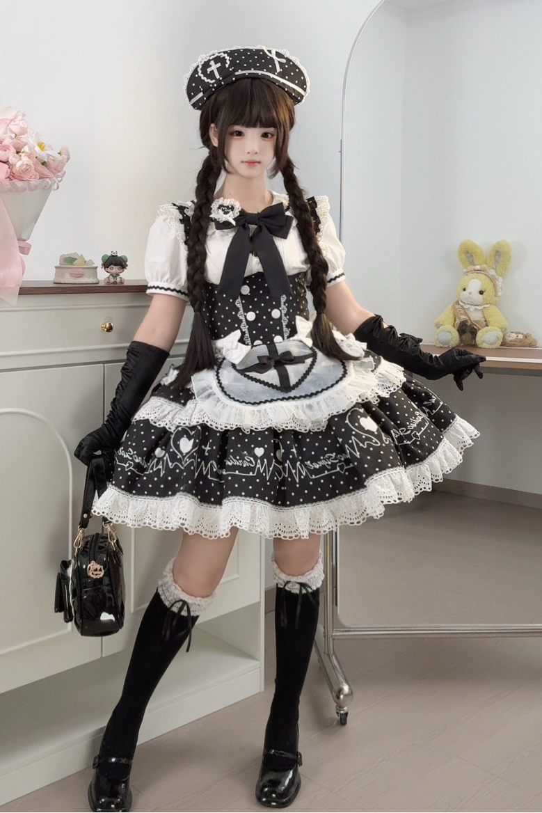 【4月29日予約締切】ブルー/ピンク/ホワイト/ブラックゴシック&スイートレースリボンシャツ+ドットJSKエプロンドレス+ナース帽コンプリートセット