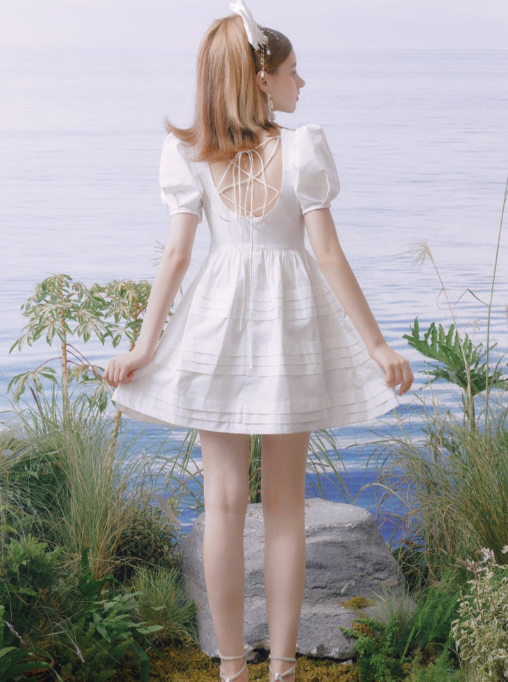 Square Collar Slim Backless Little White Dress