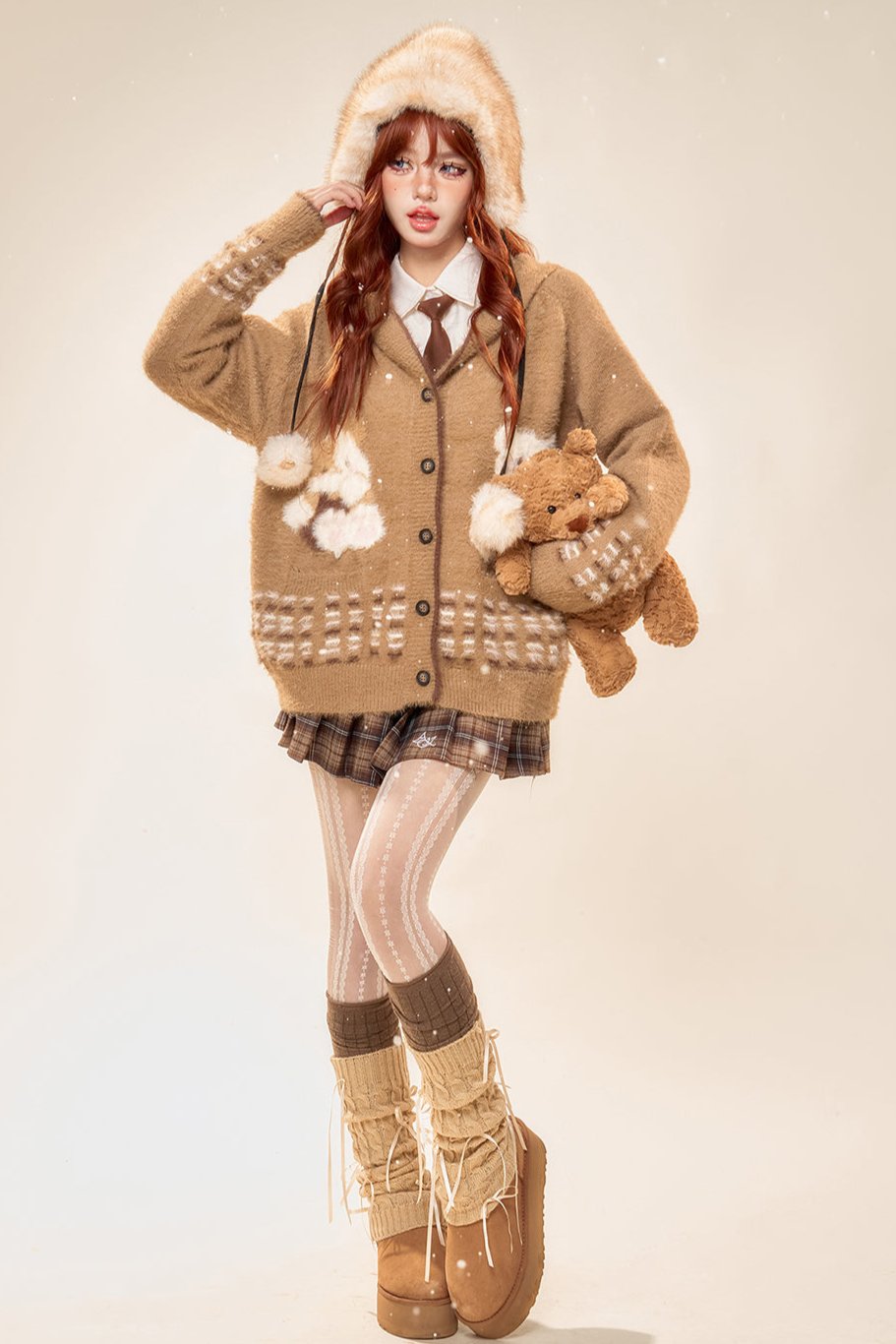 ベアーニットルーズフーデッドカーディガン