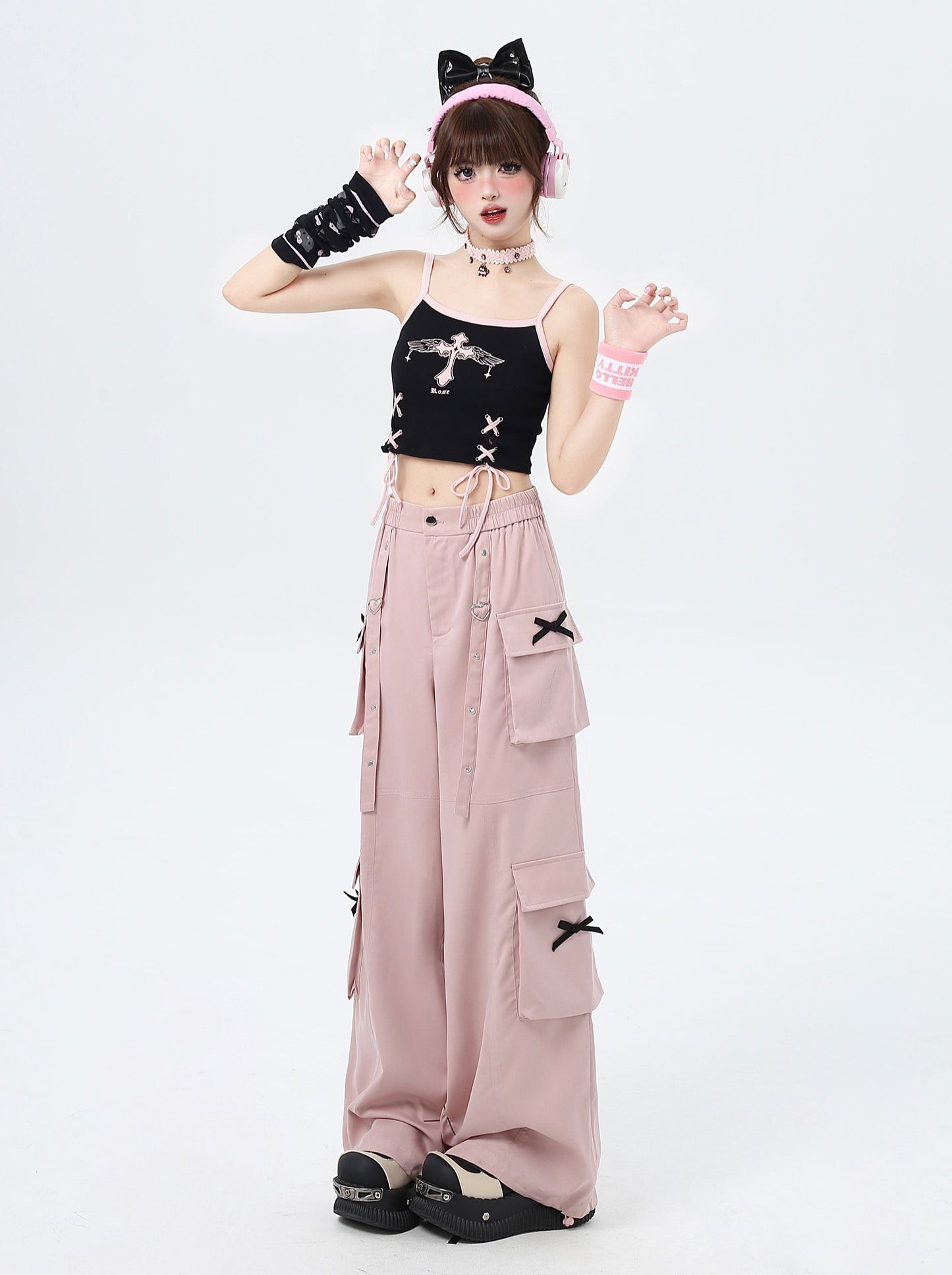 Side Ribbon Wide Long Pants