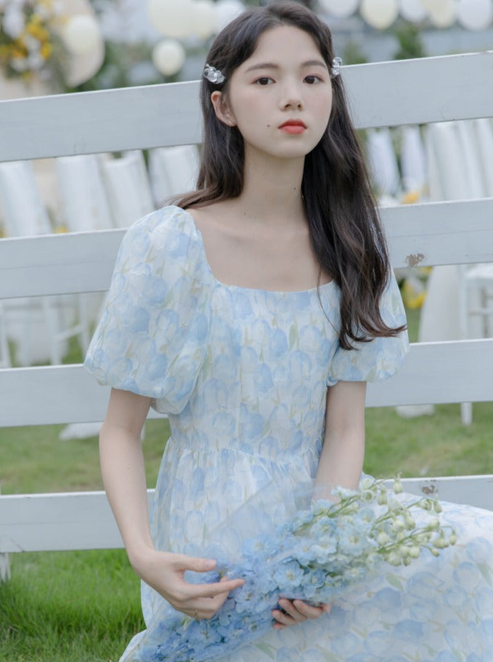 レトロブルーエレガントスクエアネックロングワンピース