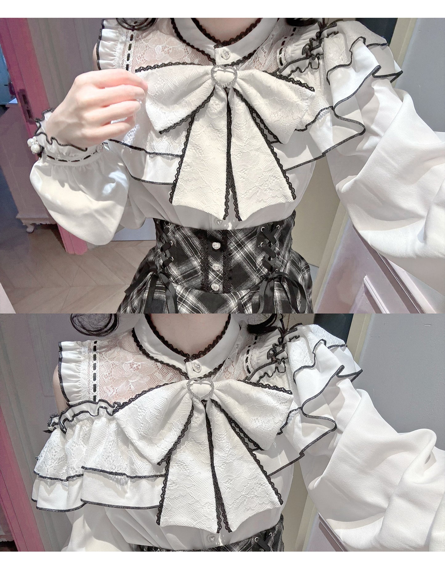 Long-Sleeved Lace Plaid Half Skirt and Top Set-Up