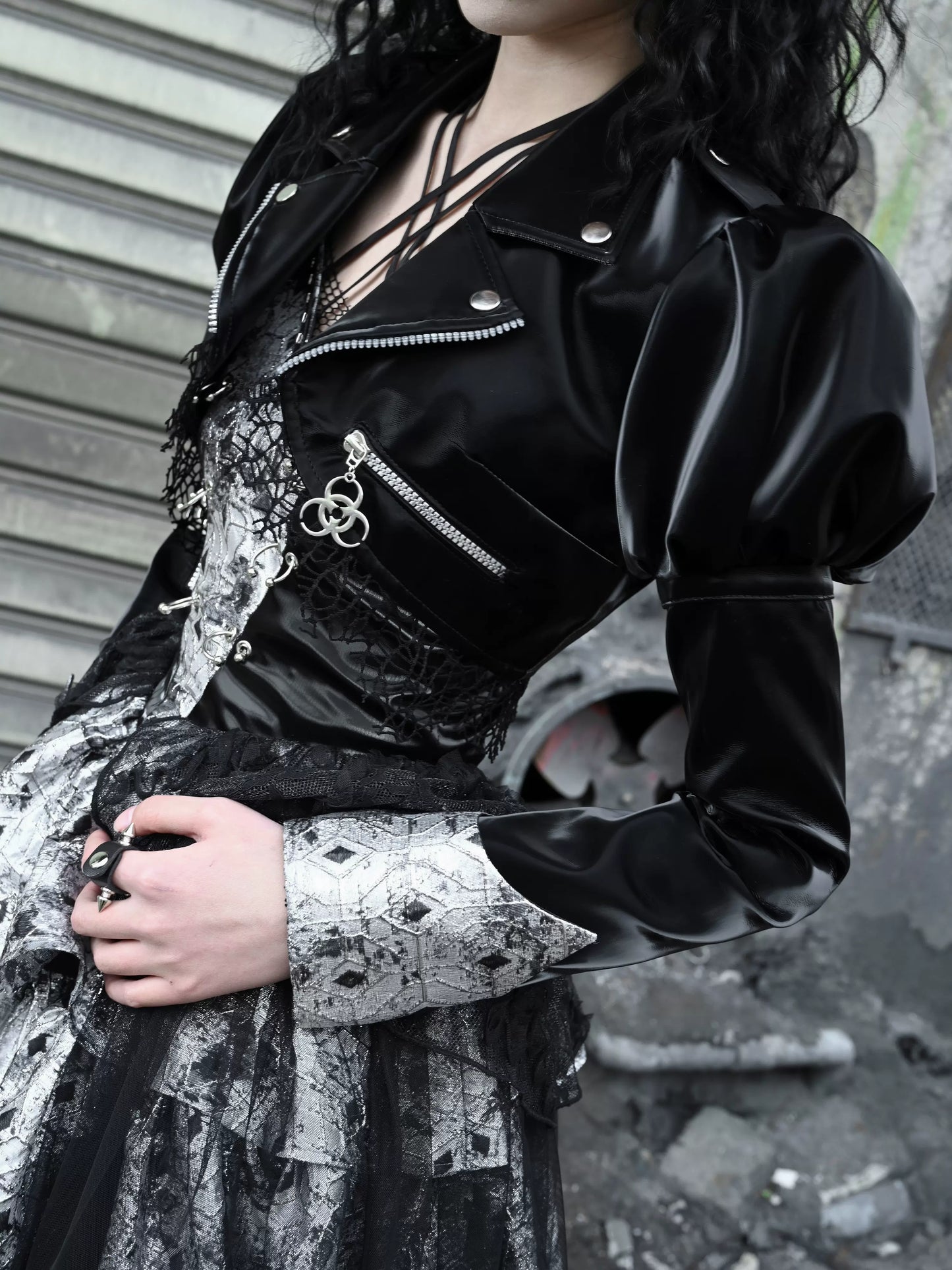 Punk PU Short Mesh Lace Splicing Leather Jacket