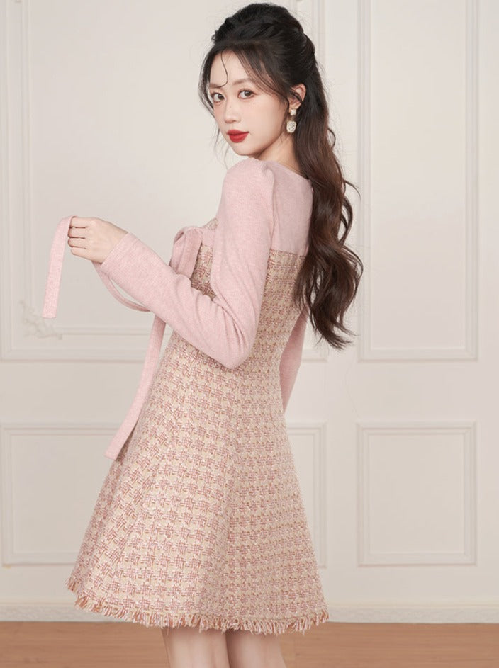 方领粉色小香风连衣裙女小个子冬装新款系带流苏收腰a字公主裙