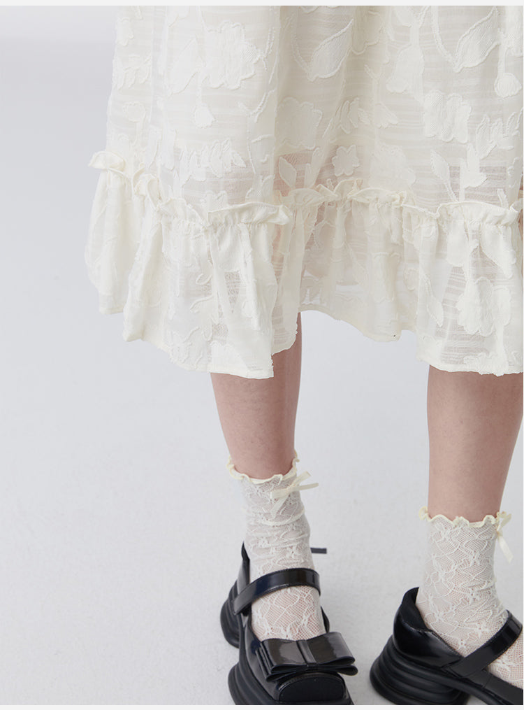 Sheer Puff Sleeve Drost Ribbon Flower China Dress