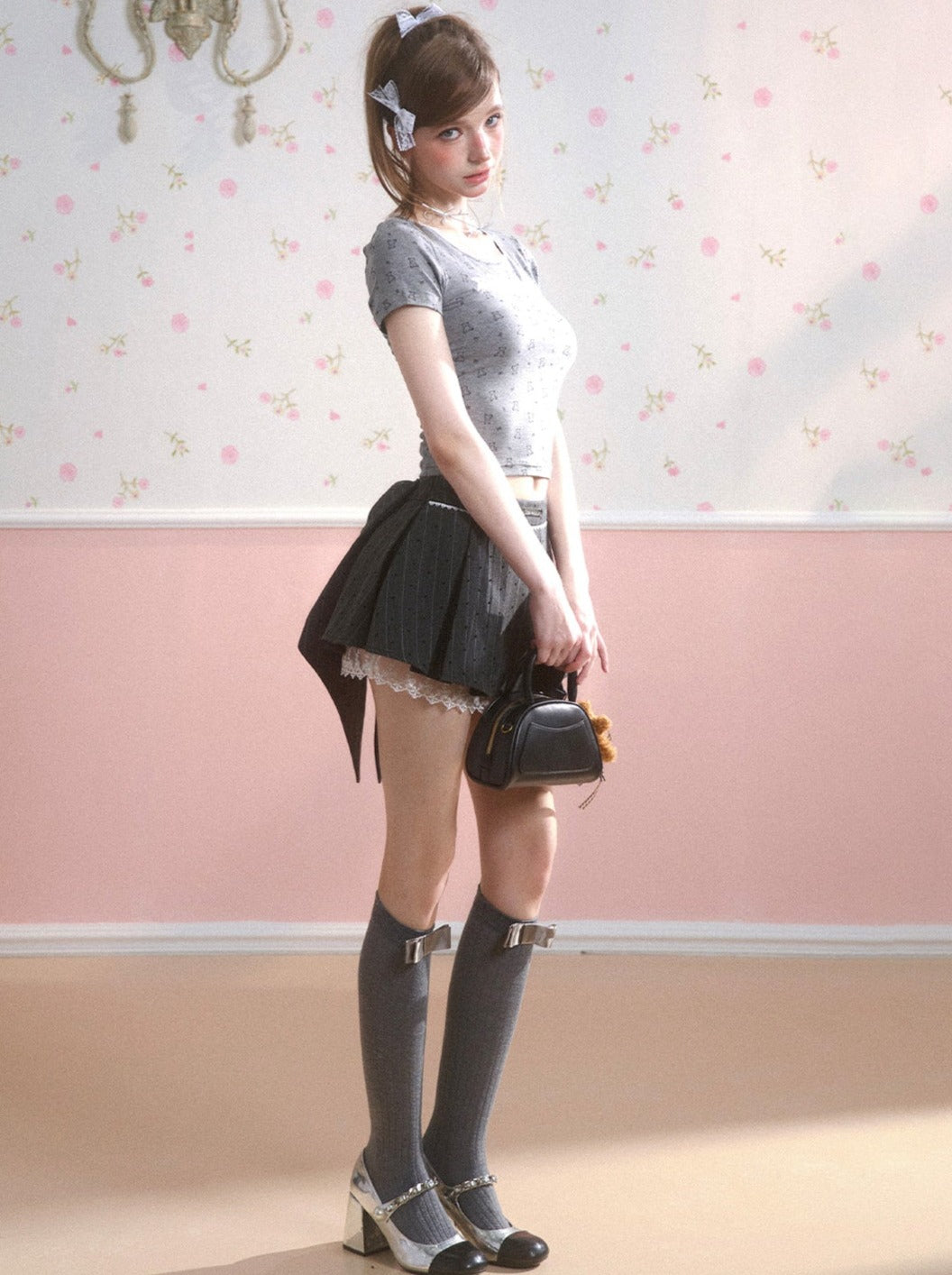 Sweet Gray Ribbon Top