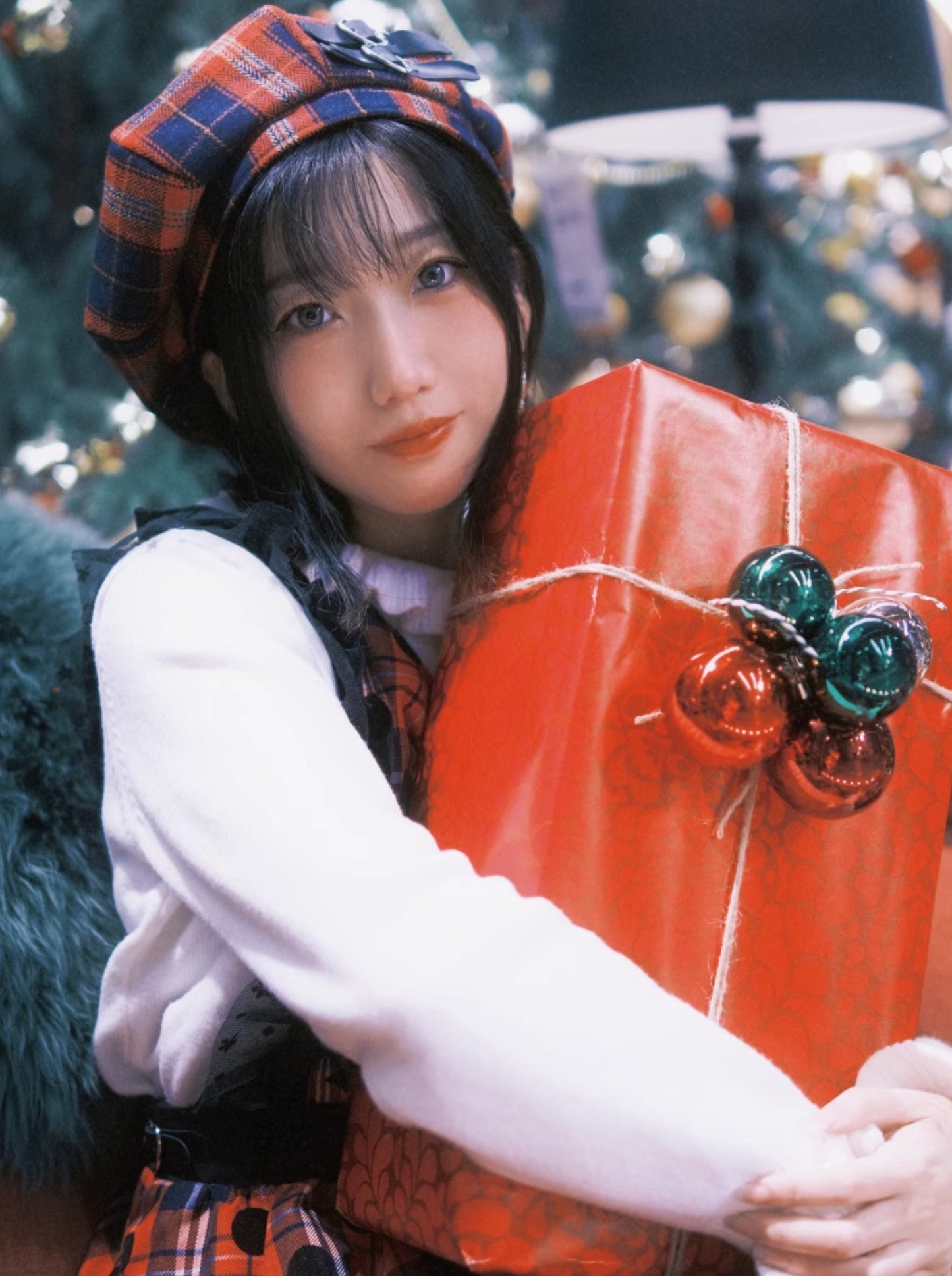 체크무늬 하트 벨트 벨벳 베레모