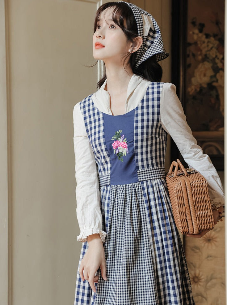 格子花朵复古乡村连衣裙