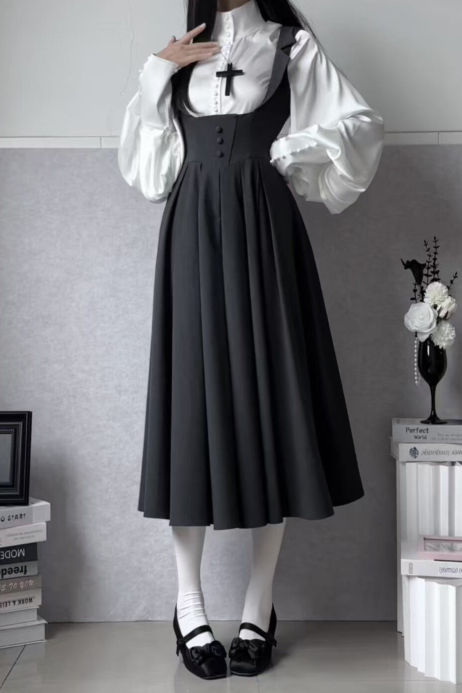 【4月14日予約締切】ダークグレークラシックラペルショルダーロリータコルセットドレス(ショート・ロングA/B)