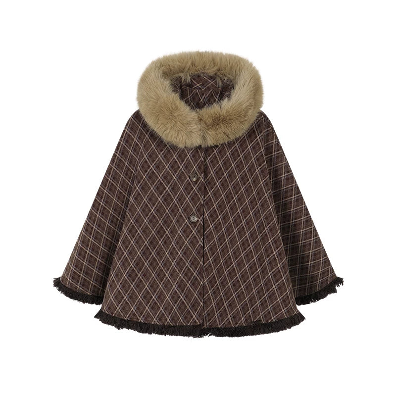 チェックファーカラーフーデッドケープ