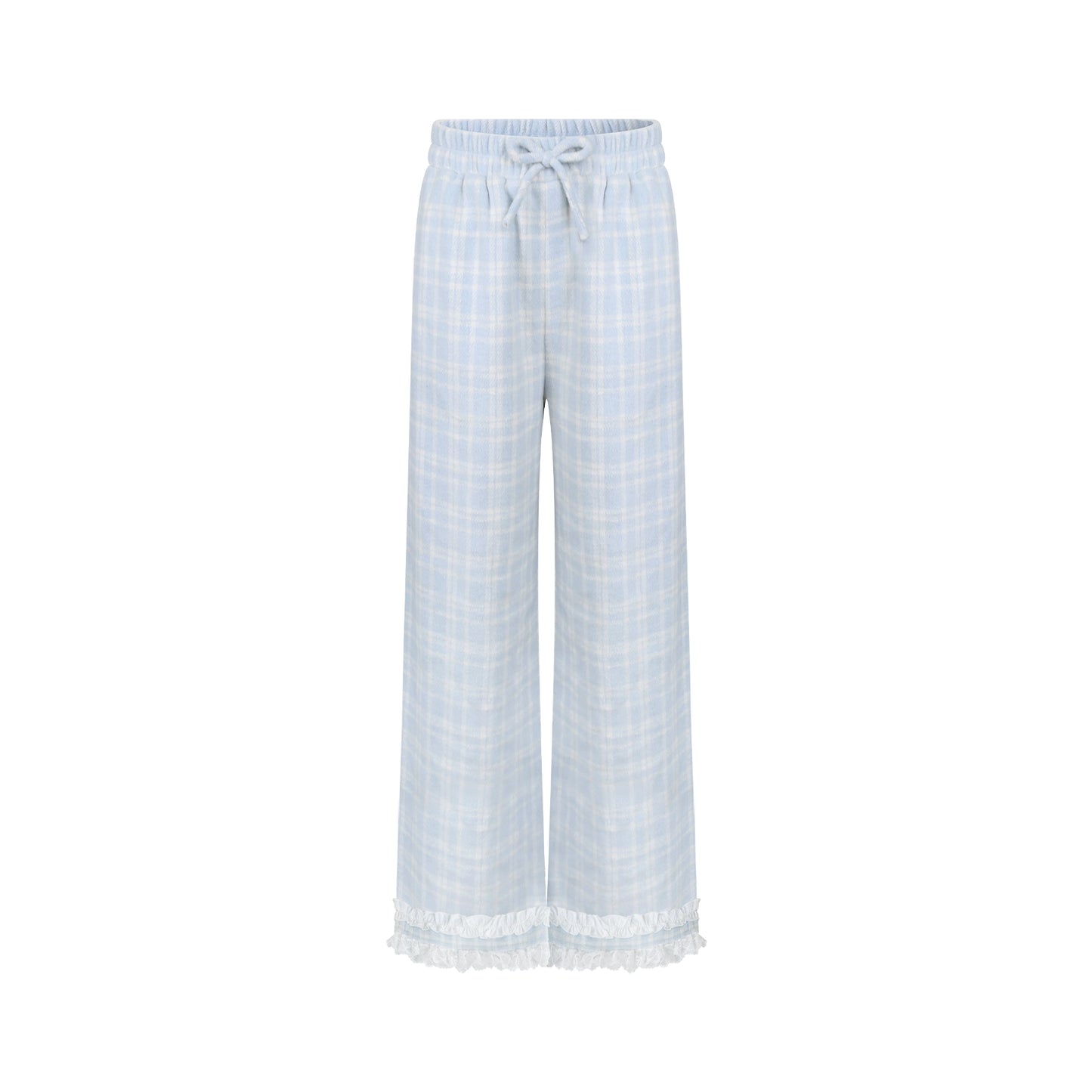 ベアダウンジャケット+ニットトップス+チェックパンツ