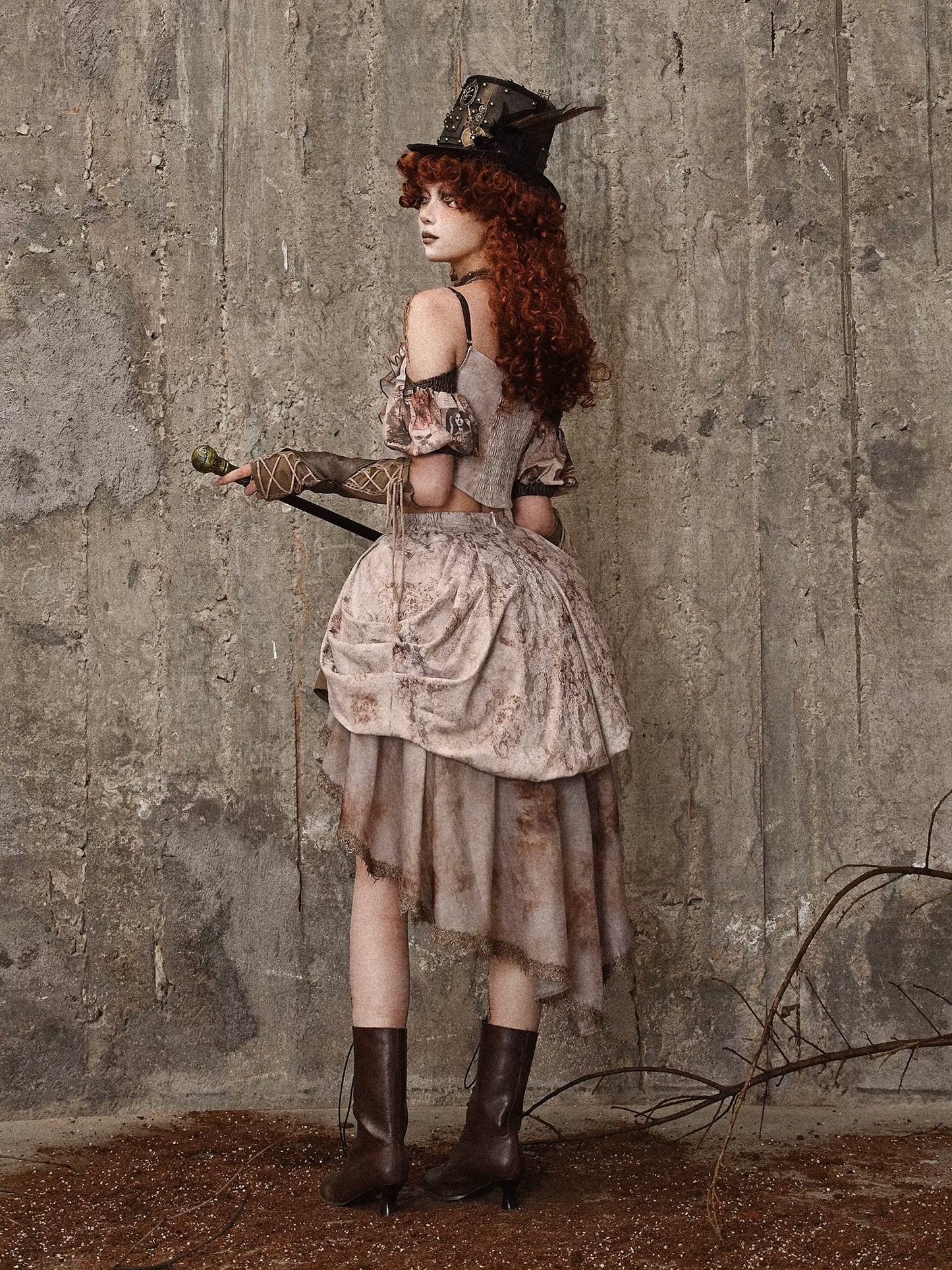 レトロスチームパンクメッシュパフスリーブオフショルダーサスペンダートップス