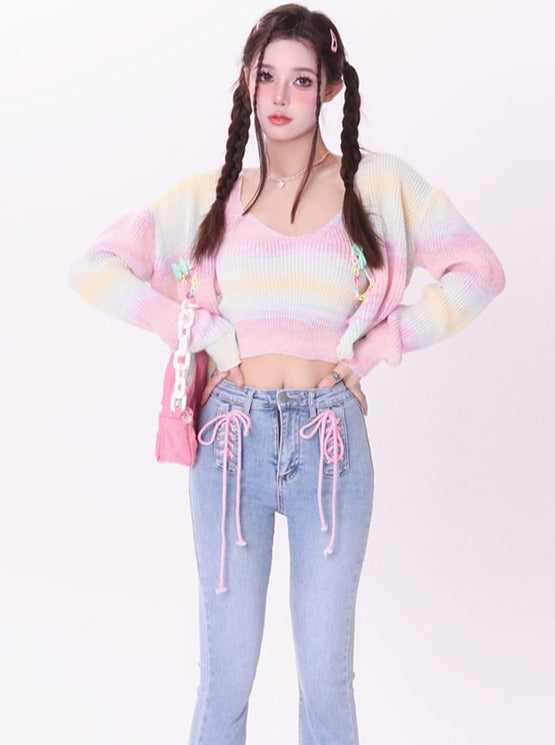 Rainbow Gradation Color Knit Cardigan + Rainbow Camisole