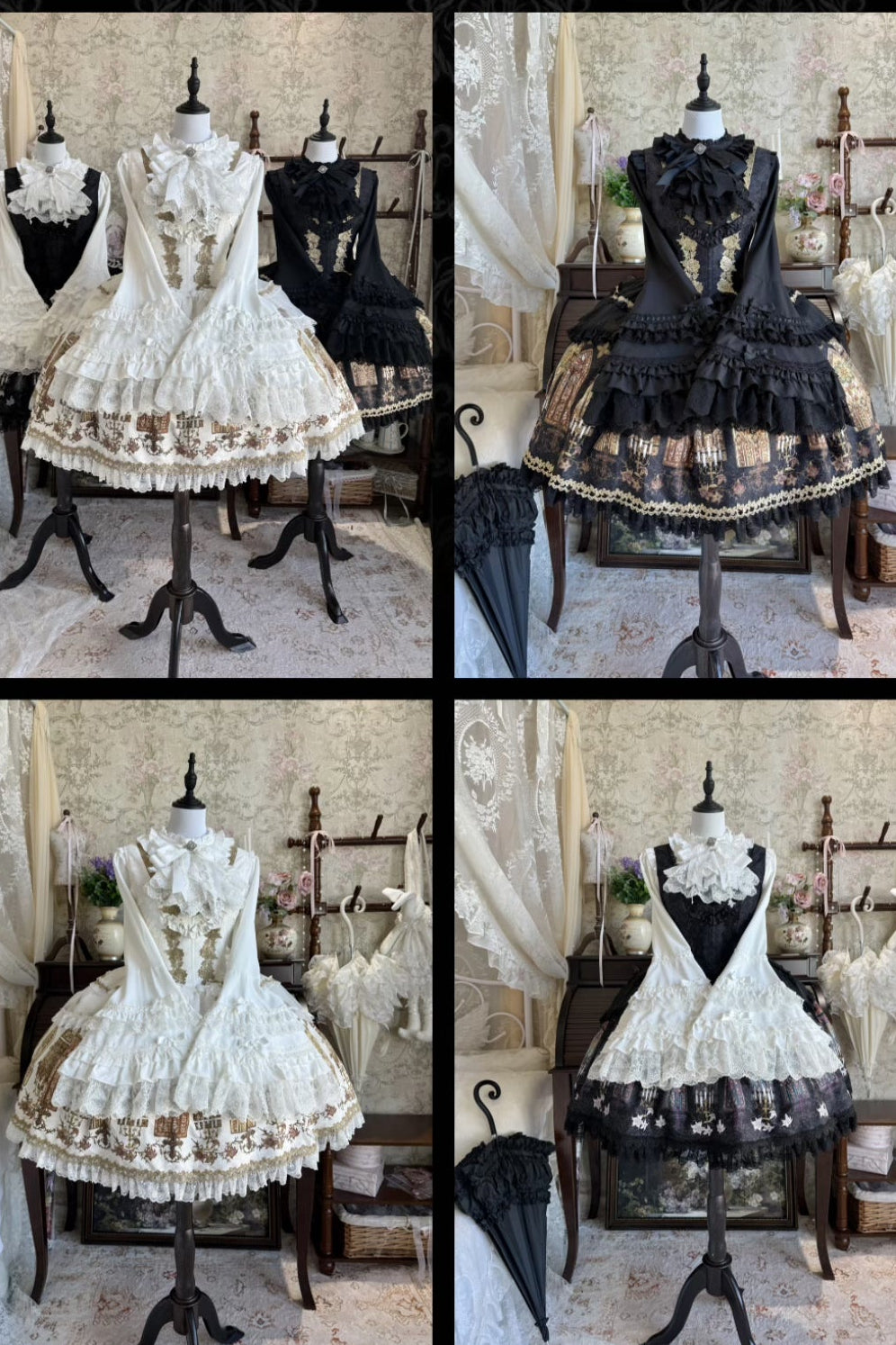 【9月28日予約締切】White/Black Gothic Lolita Lace Frill Bell Sleeve Shirt + Rose Lace Bow Jabot