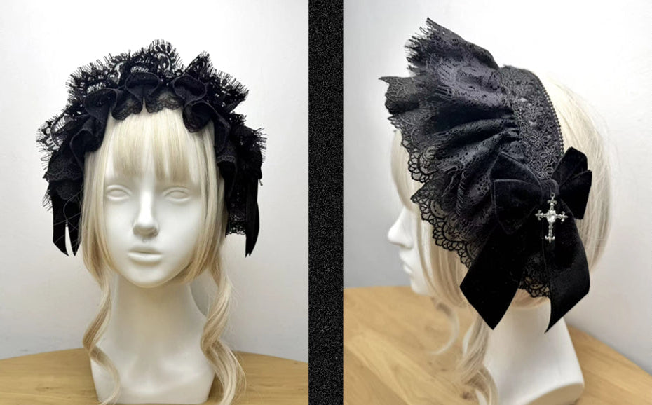 【12月13日予約締切】ダークゴシックローズエンブロイダリーブラックベルベットドレス+ヘッドバンド