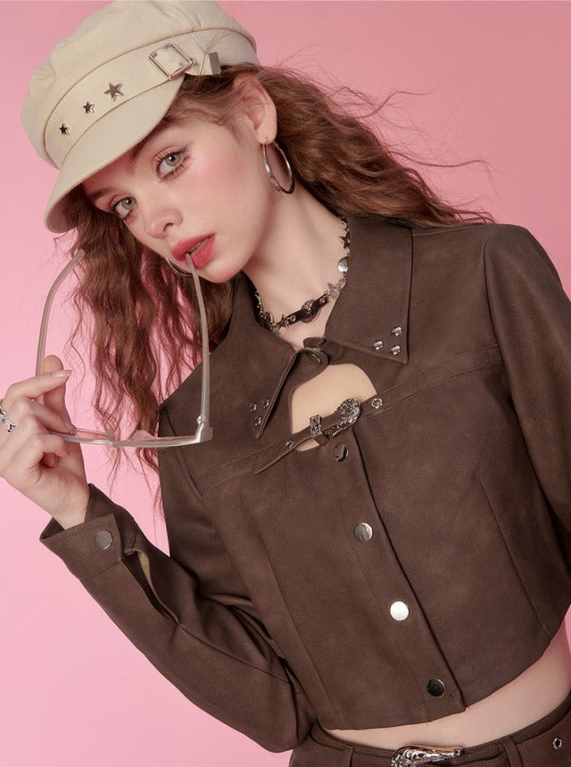 가죽 숏 재킷 + 가죽 플리츠 스커트