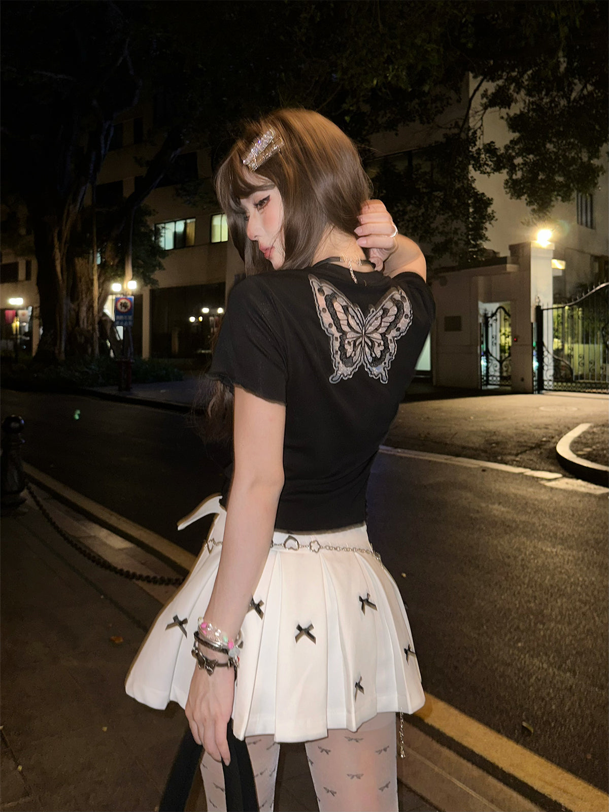 kellykitty white sweet and spicy butterfly black t-shirt manica corta donna estate slim top corto