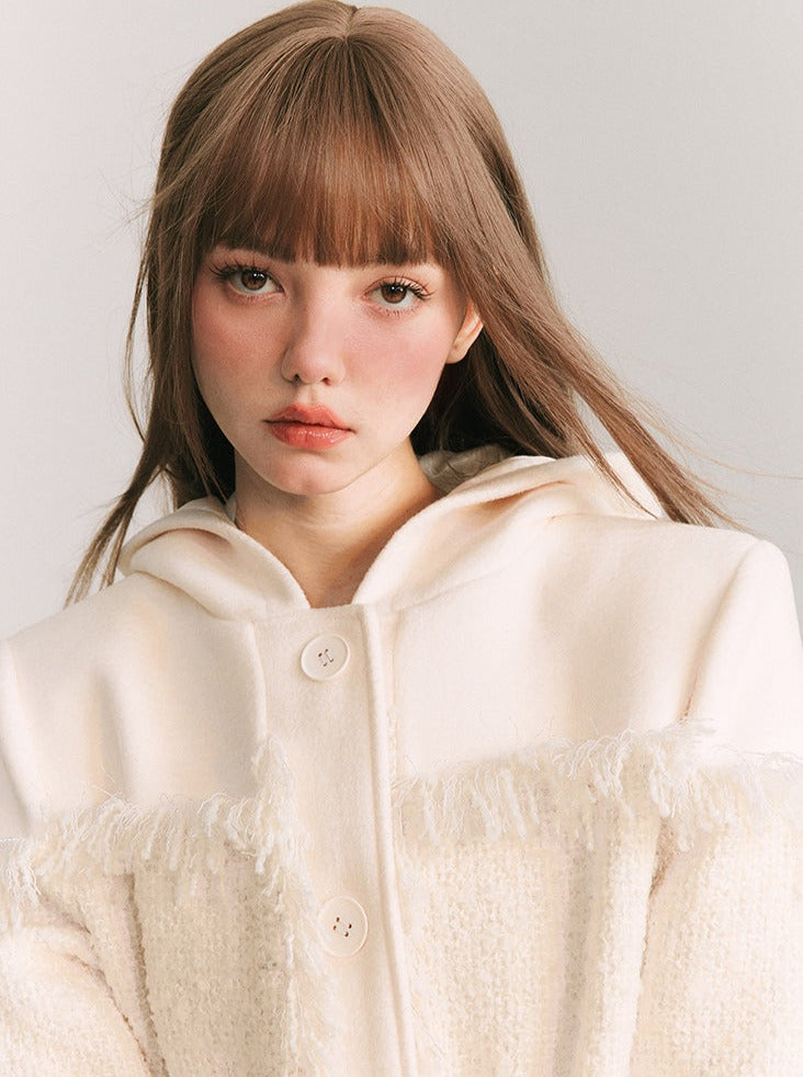 フリンジストレートルーズフードウールジャケット