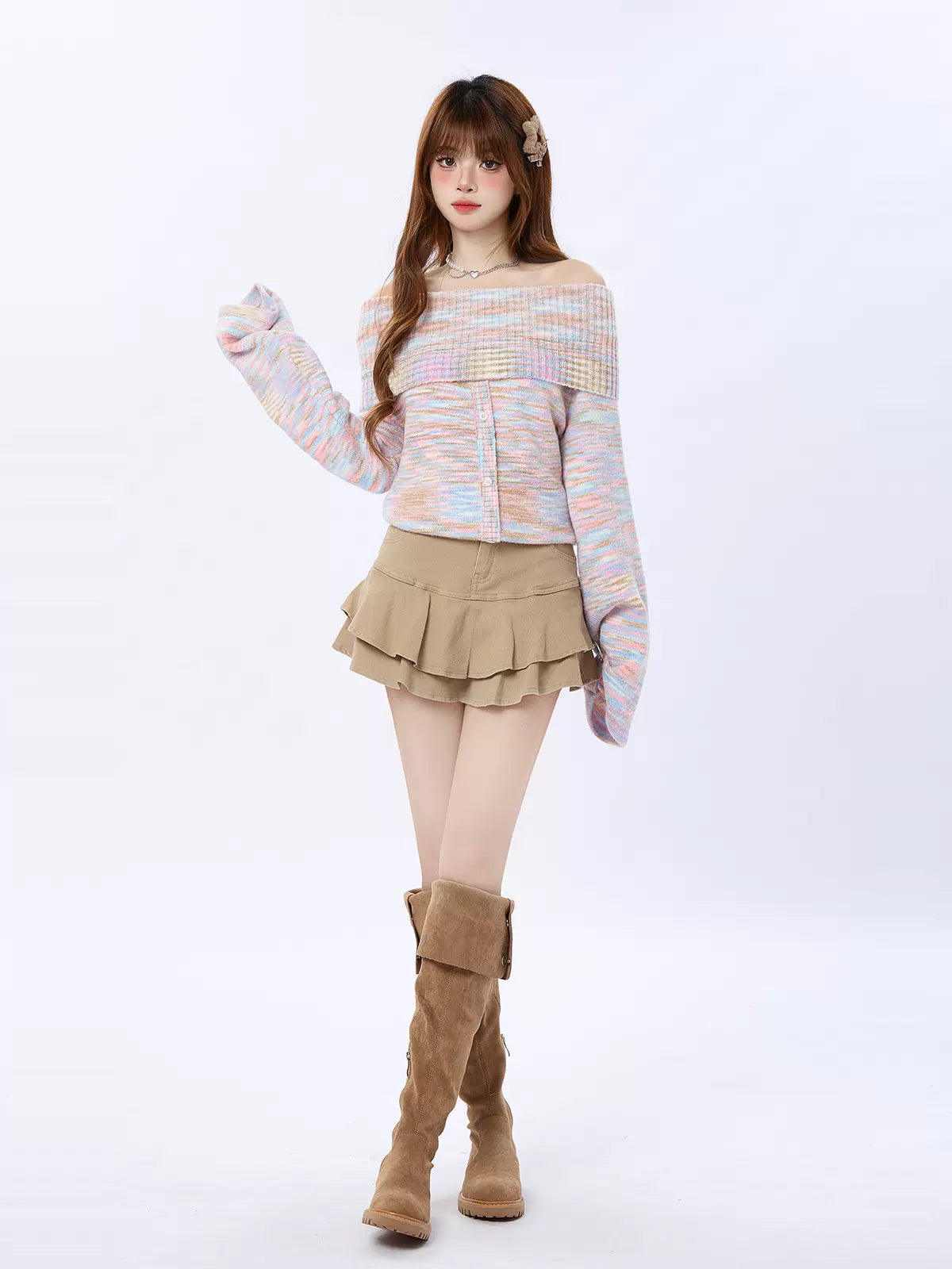 Pure Dzire Rainbow Stripe Off-the-shoulder Knit