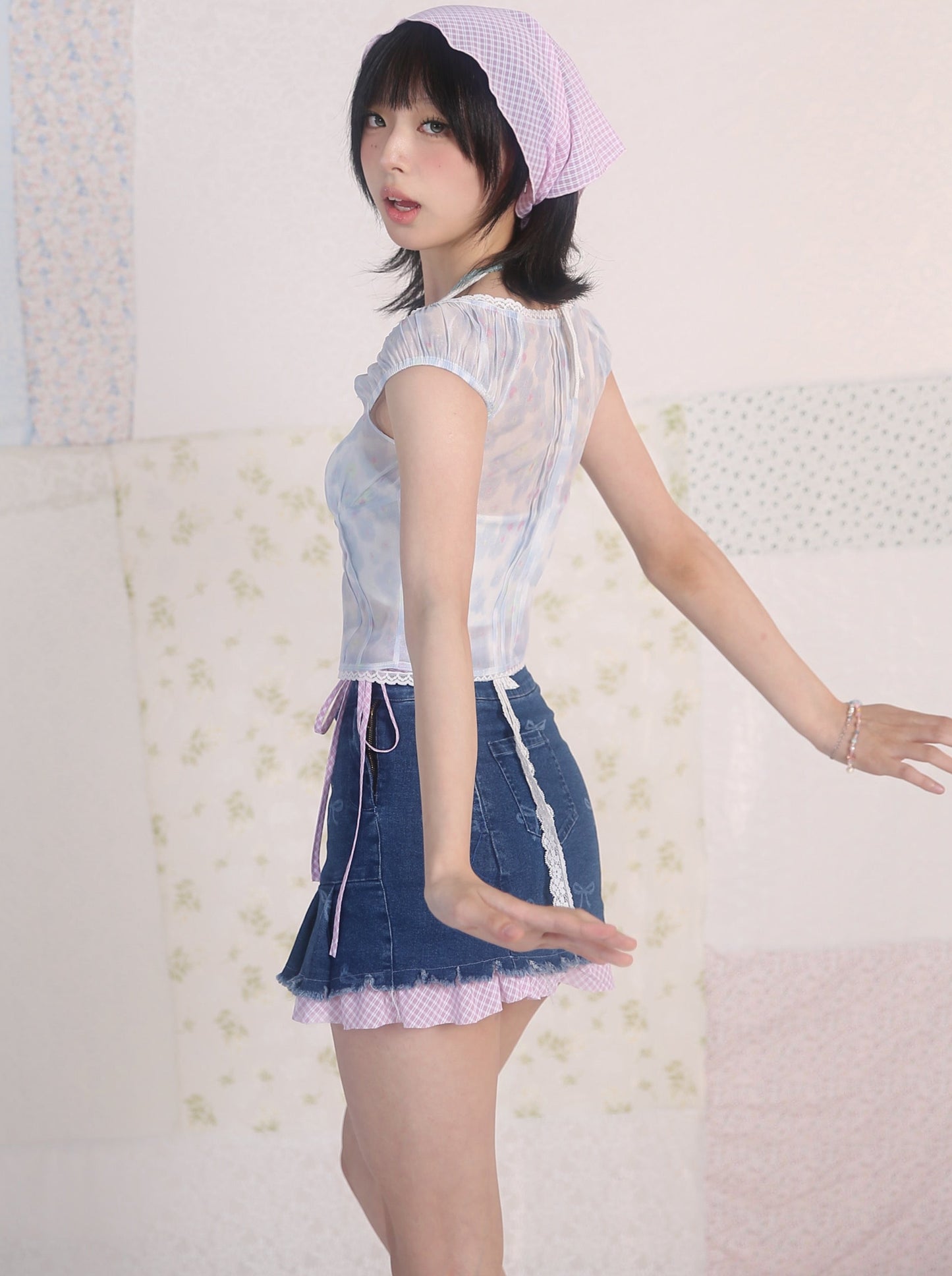 デニムステッチチェックリボンスカート