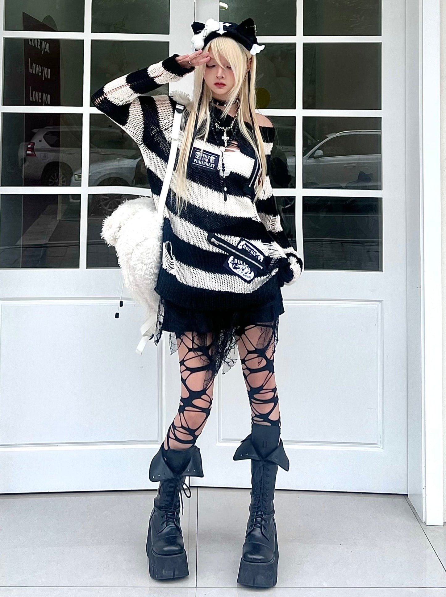 サブカルチャーパンクダメージモノクロボーダーニット