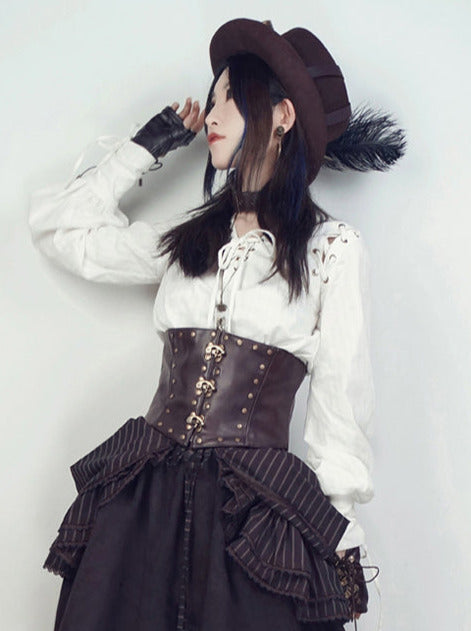 스팀 펑크 레트로 V넥 화이트 코튼 풀오버 셔츠