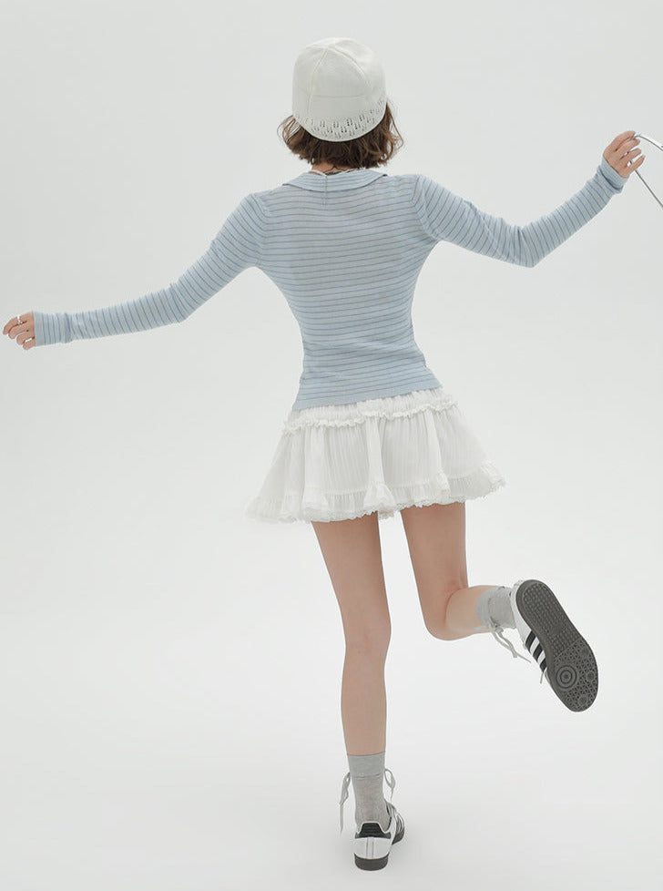 Light Blue Stripe Suit Collar Knit Top