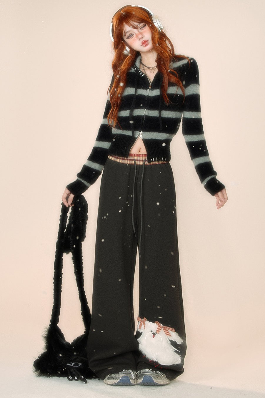 ルーズドッグプリントドローストリングスウェットパンツ