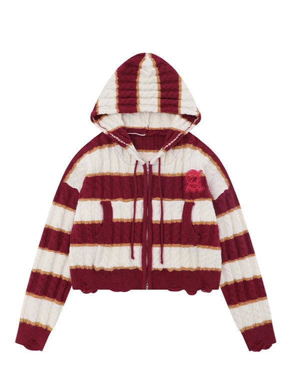 American Retro Striped Short Hooded Cardigan Knit