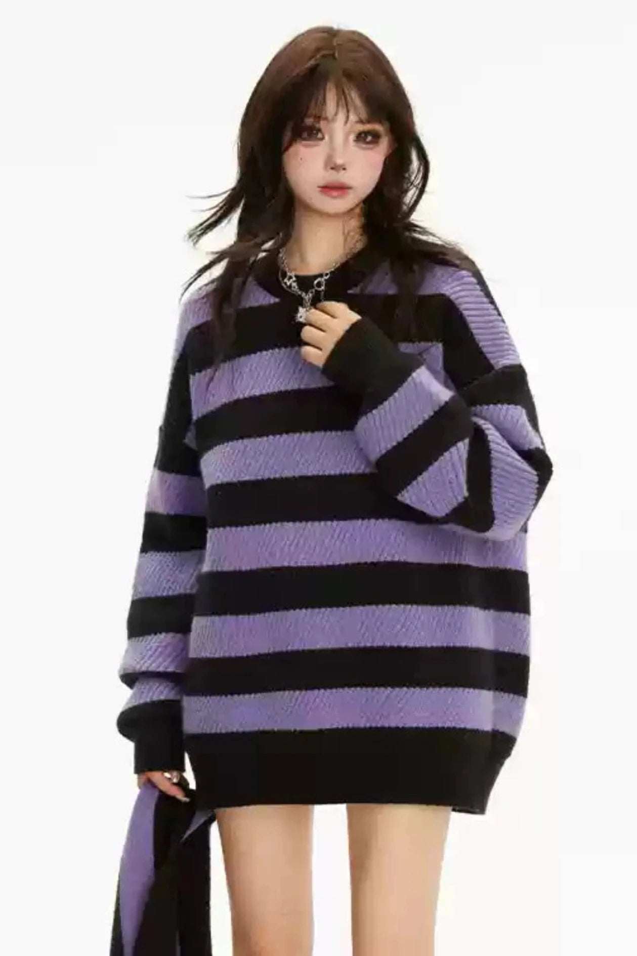 Ensemble pull a rayures violettes avec tour de cou et jambieres