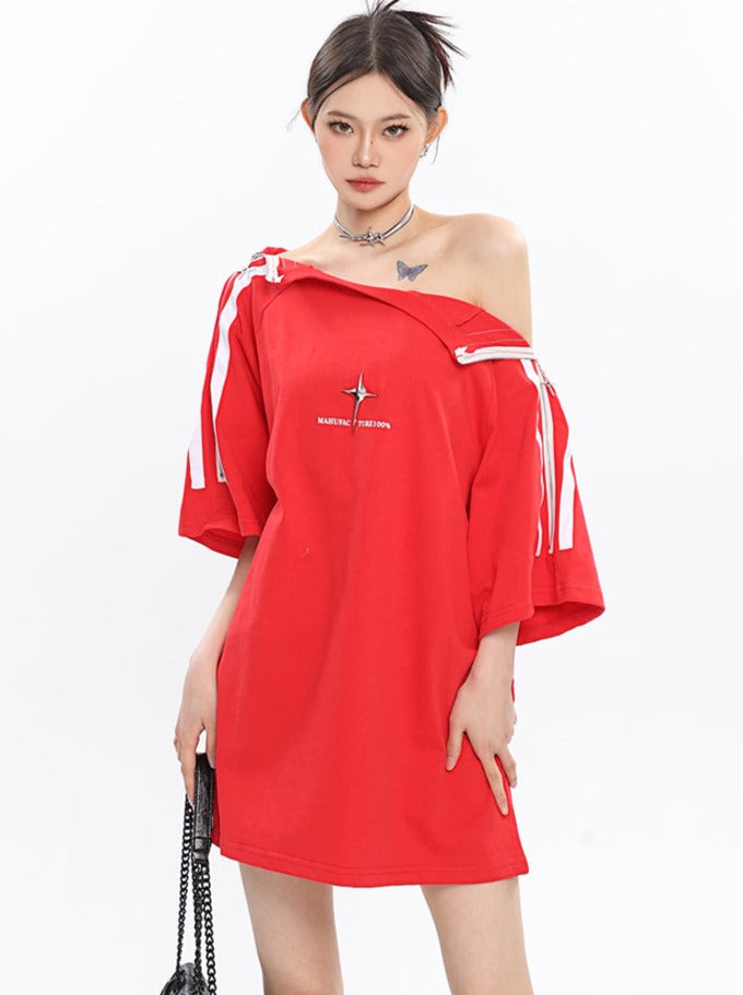 Space Design Zipper Strapless Metal Loose T-shirt