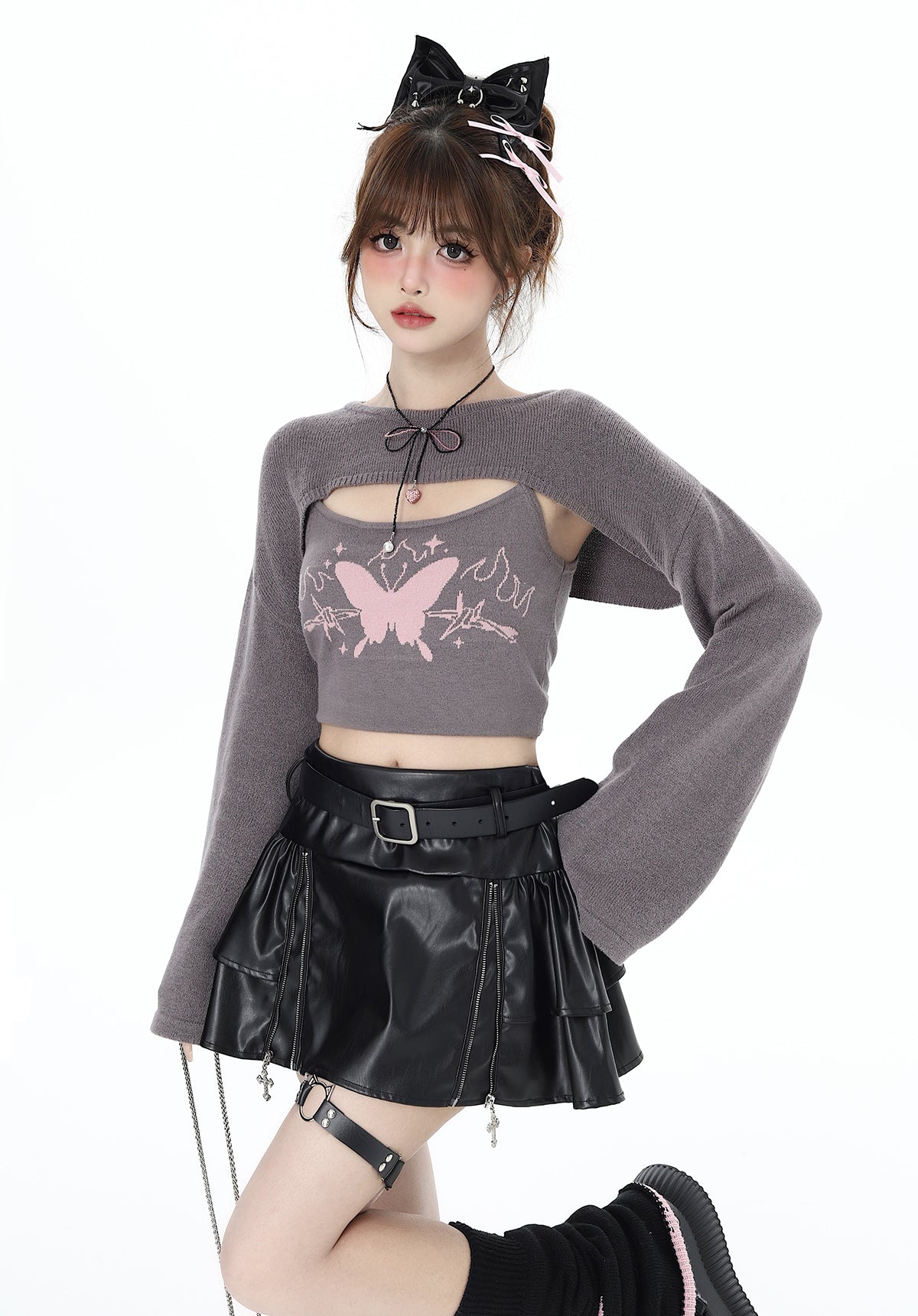 Pure Dzire Butterfly Knit Cami & Sleeve Top Two Piece Set